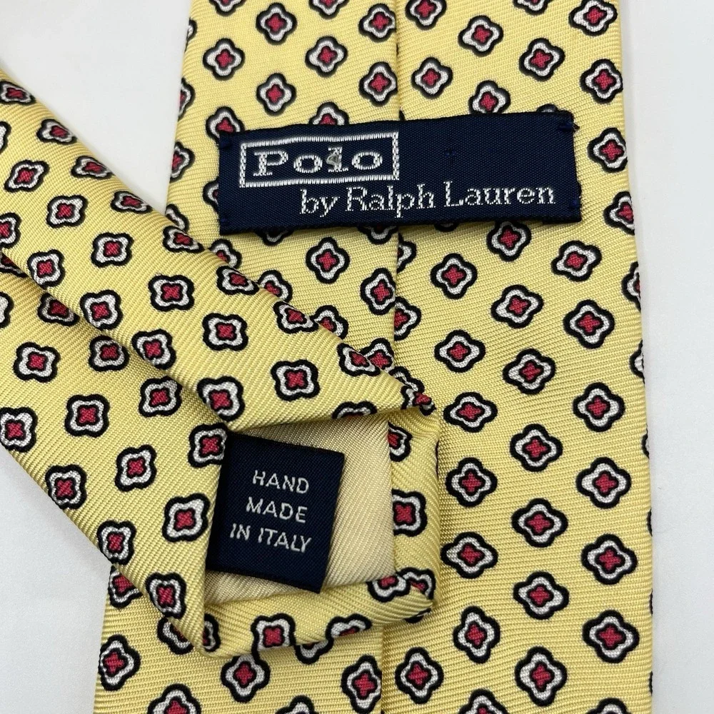 Polo Ralph Lauren Yellow Silk Tie Medallion Pattern Handmade Italy